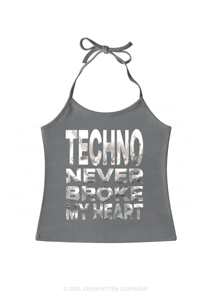 Techno Broke Heart Silver Foil Printed Y2K Halter Neck Cami Cherrykitten