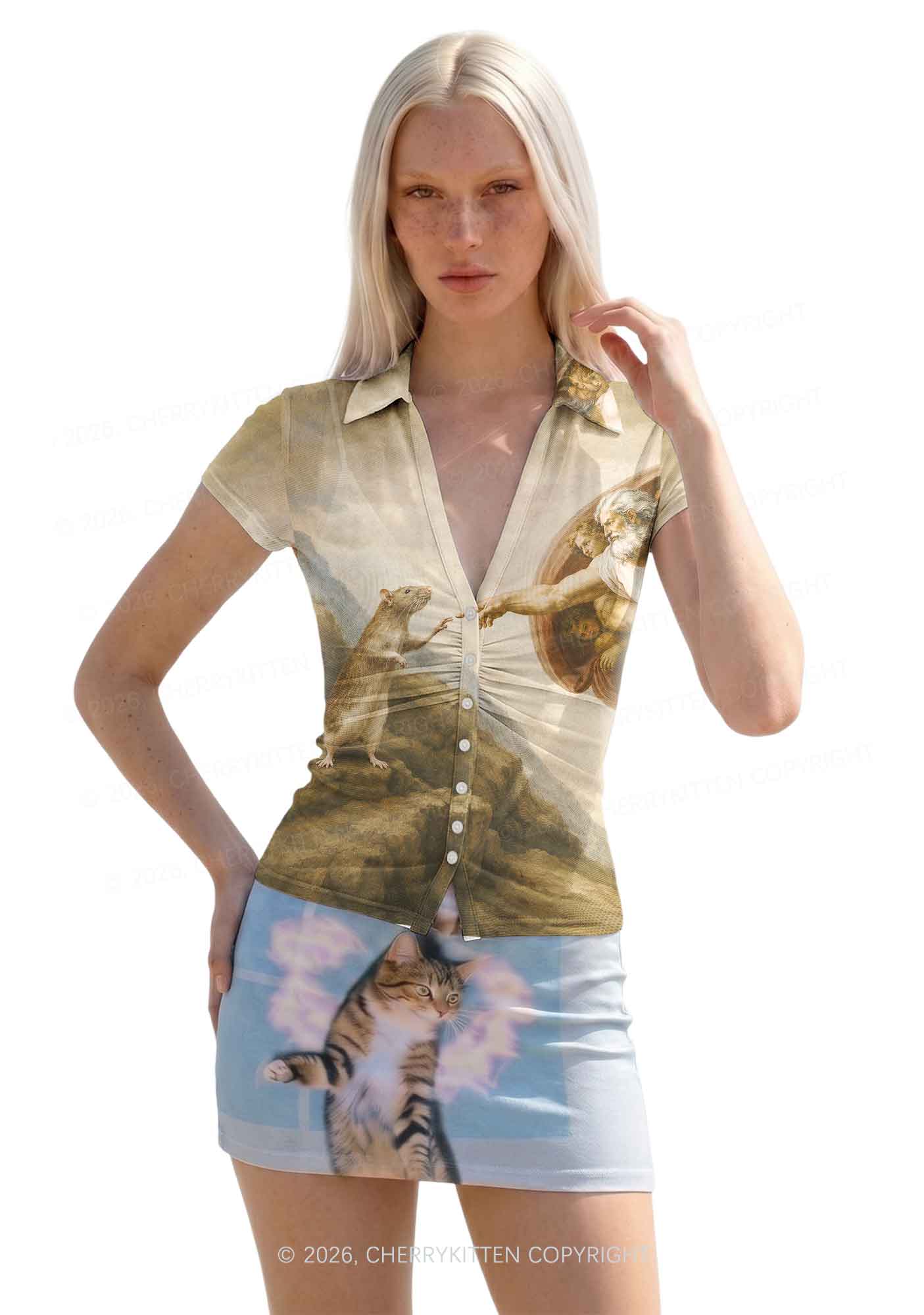 God Hand Touching Rat Y2K Mesh Ruched  Waist  V Neck Top Cherrykitten
