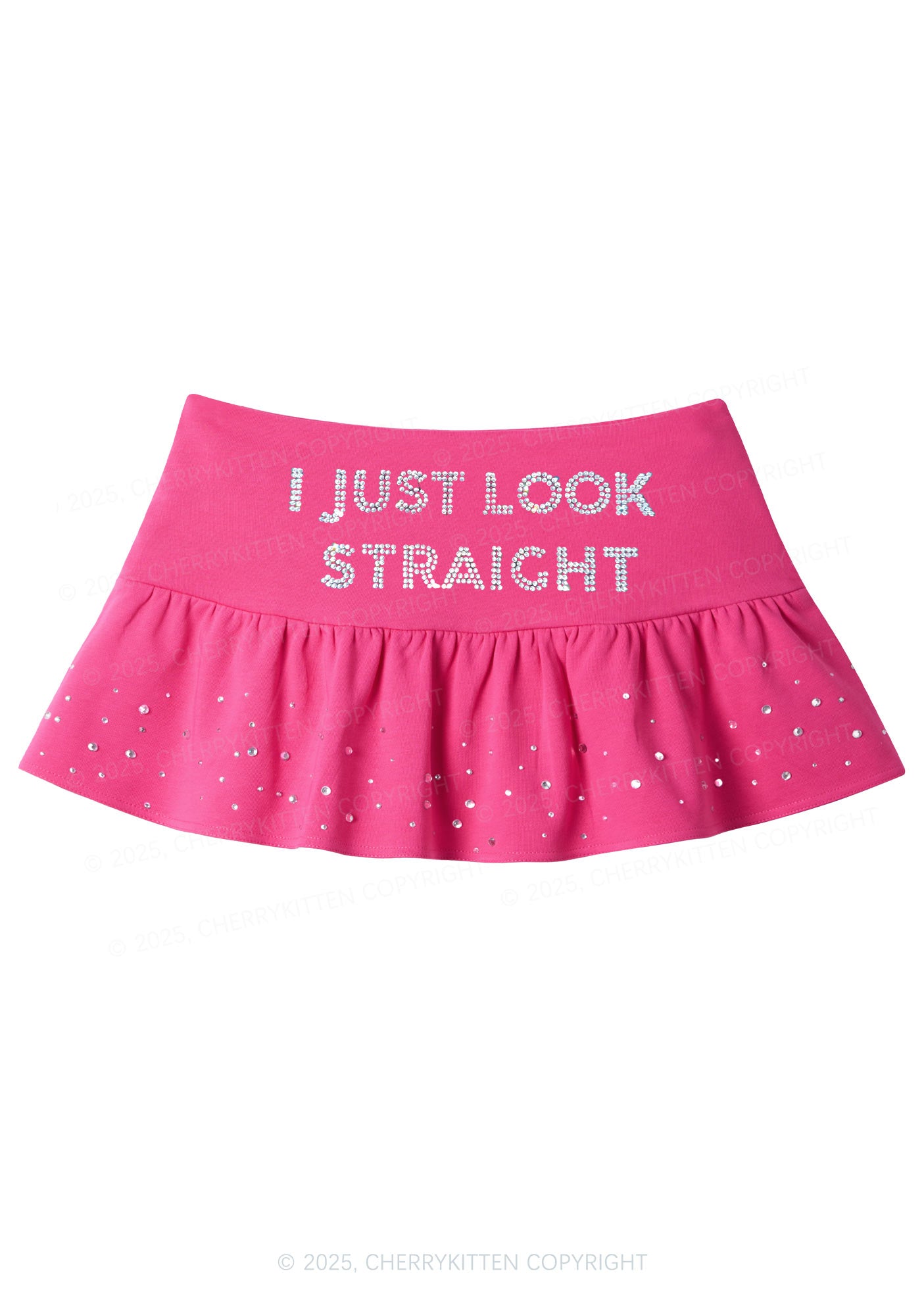Rhinestone I Just Look Straight Pride Y2K Pink Ruffled Rhinestone Mini Skirt Cherrykitten