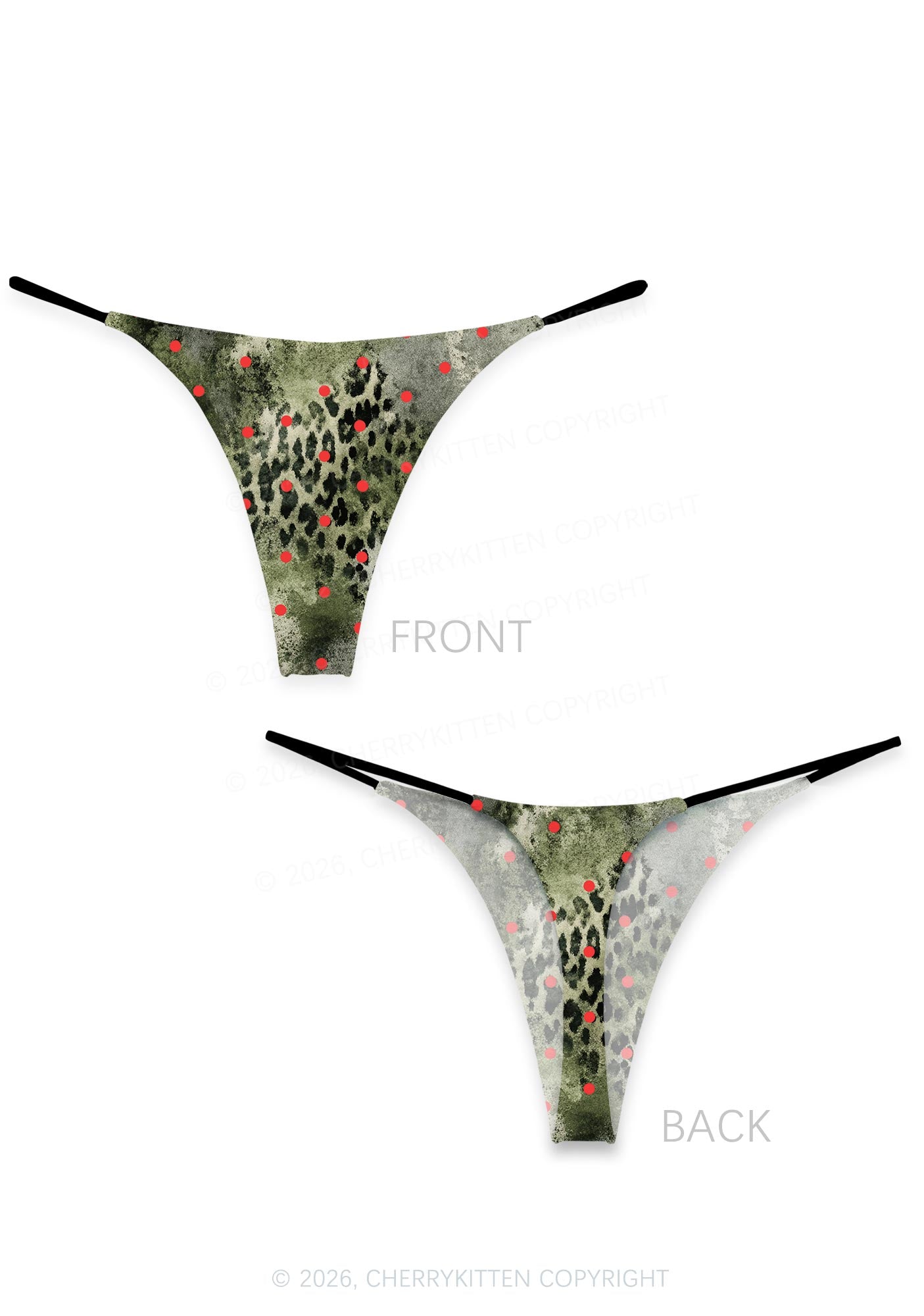 Red Dots On Green Leopard Y2K Print Bikini String Thong Cherrykitten