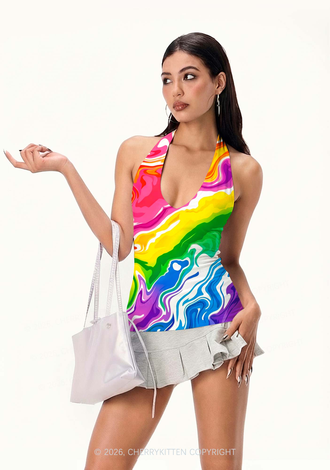 Rainbow Liquid Tie Dye Pride Y2K Print Halter Deep V Neck Cami Cherrykitten