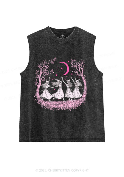 Halloween Witches Dancing Under Moon Y2K Washed Muscle Tank Cherrykitten