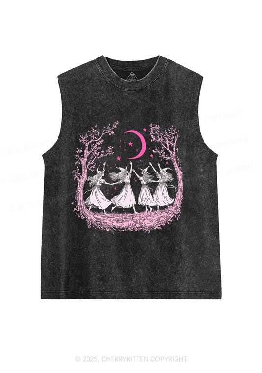 Halloween Witches Dancing Under Moon Y2K Washed Muscle Tank Cherrykitten