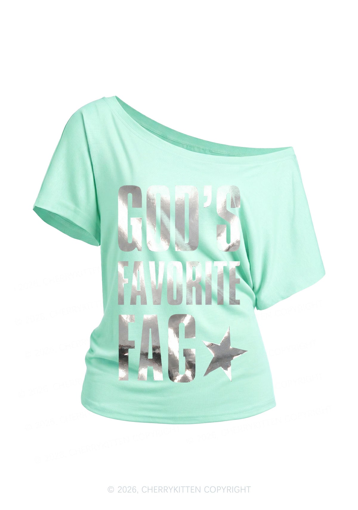 Gods Favorite Fag Pride Silver Foil Printed Y2K Off Shoulder Tee Cherrykitten