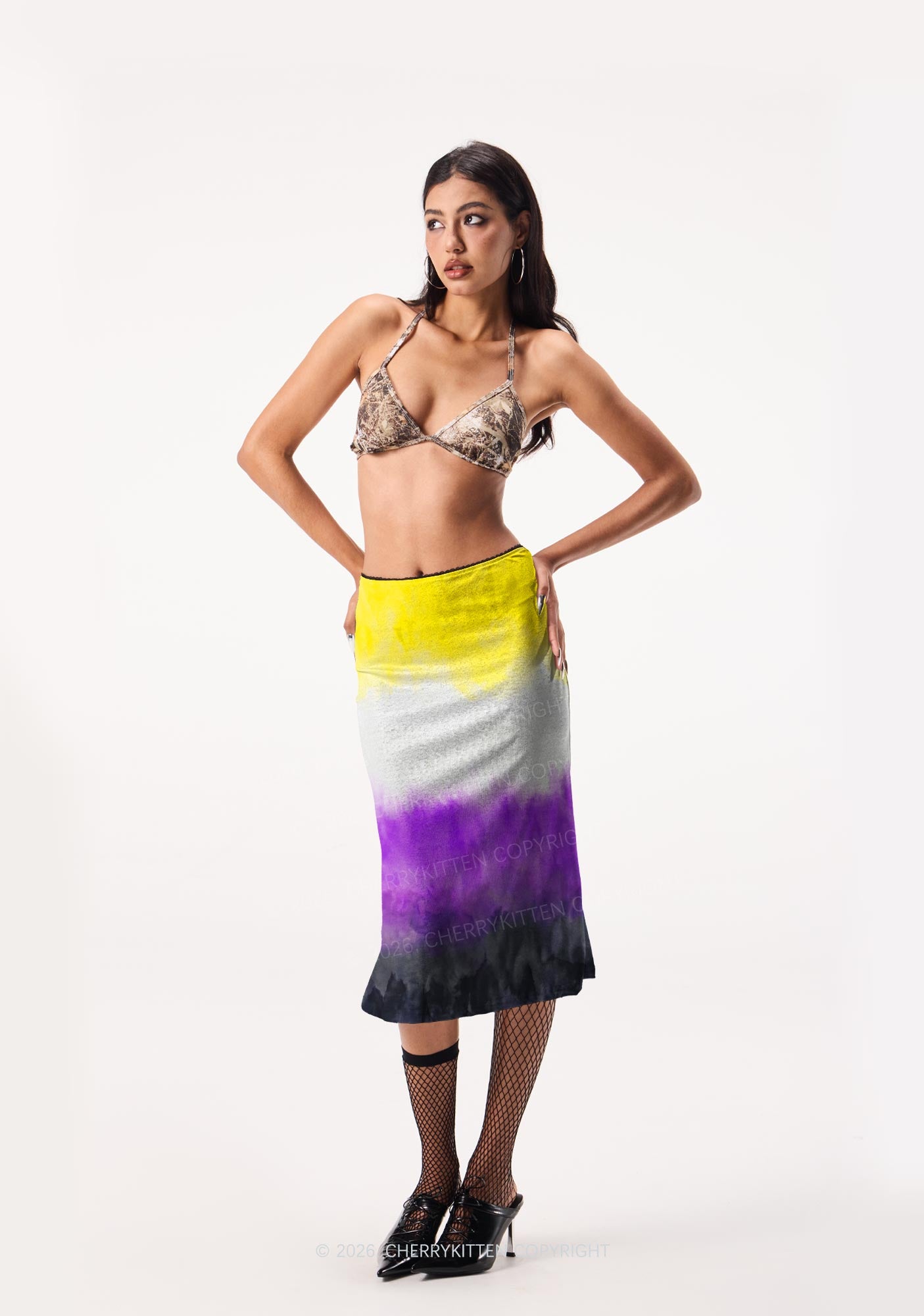 Nonbinary Tie Dye Pride Y2K Print Midi Skirt Cherrykitten