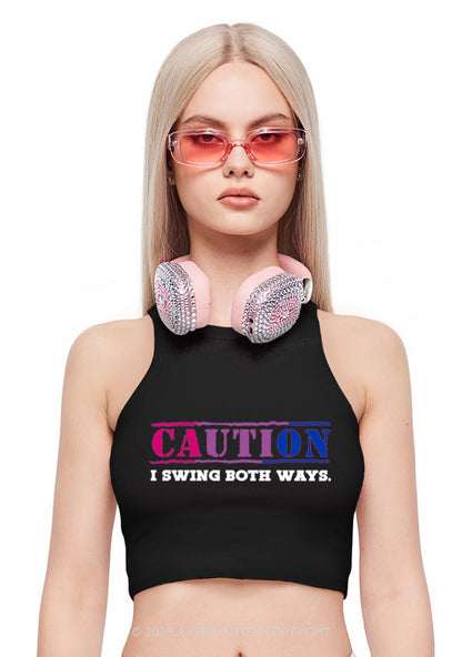 Caution I Swing Both Ways Pride Y2K Crop Tank Top Cherrykitten