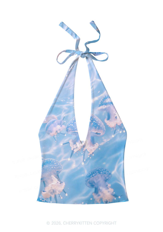 Blue Ocean Jellyfish Y2K Print Halter Deep V Neck Cami Cherrykitten