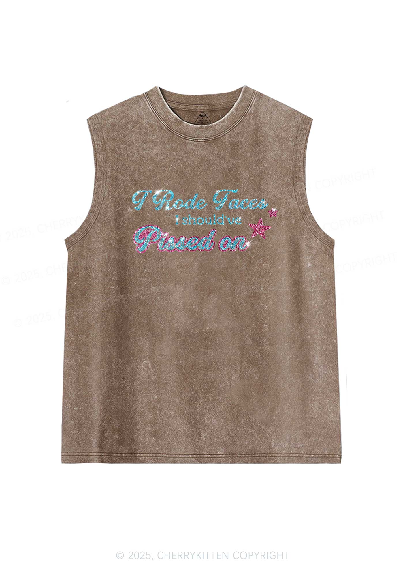 Rhinestone I Rode Faces Y2K Washed Muscle Tank Cherrykitten