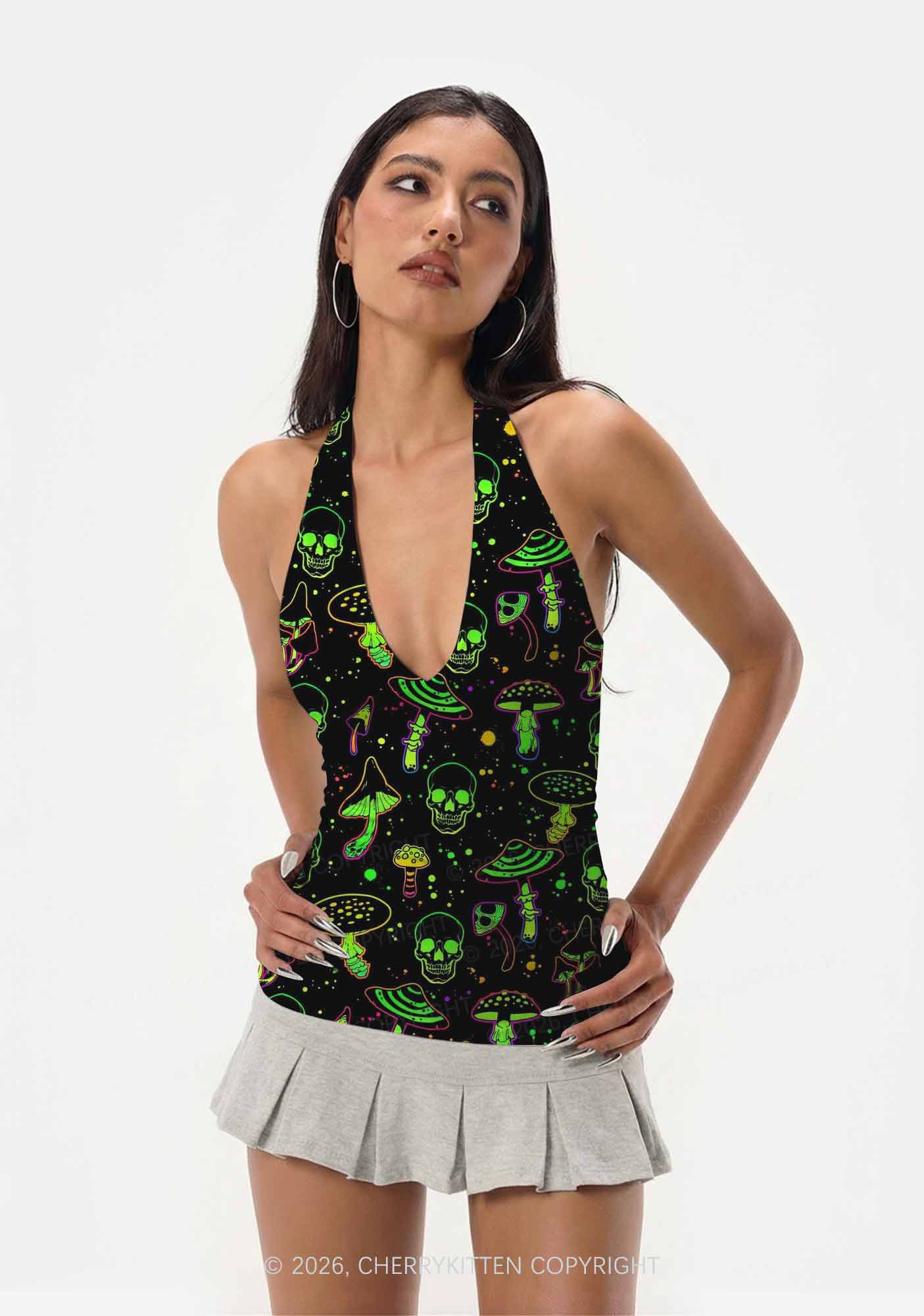 Neon Skull Mushroom Y2K Print Halter Deep V Neck Cami Cherrykitten