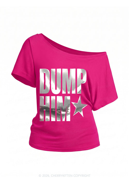 Dump Him Silver Foil Printed Y2K Off Shoulder Tee Cherrykitten