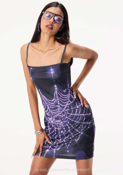 Glistening Spiderweb Y2K Print Slip Dress Cherrykitten