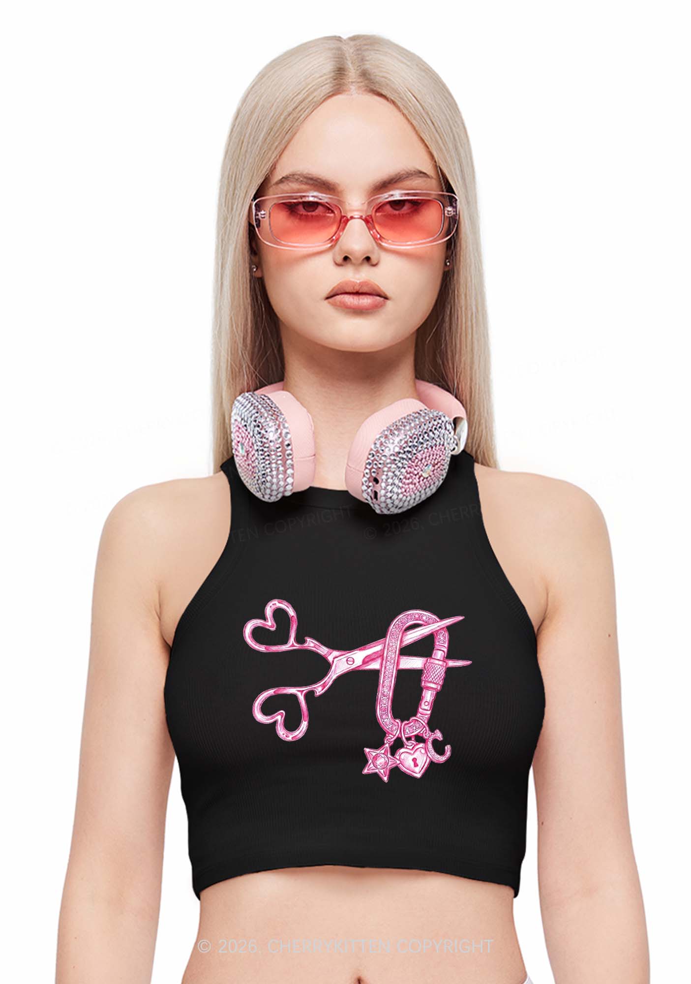 Pink Scissors Lock Charm Pride Y2K Crop Tank Top Cherrykitten
