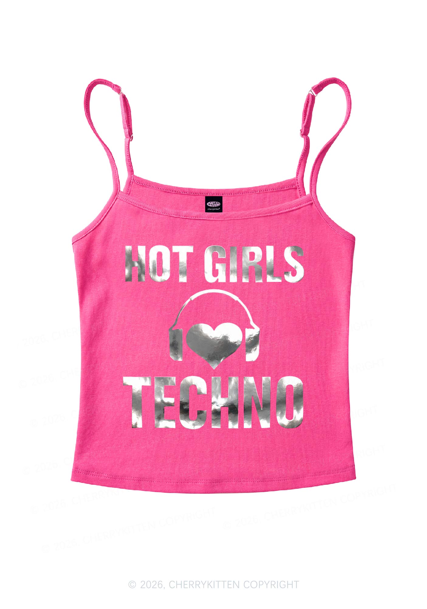 Hot Girls Love Techno Silver Foil Printed Y2K Spaghetti Strap Cami Cherrykitten