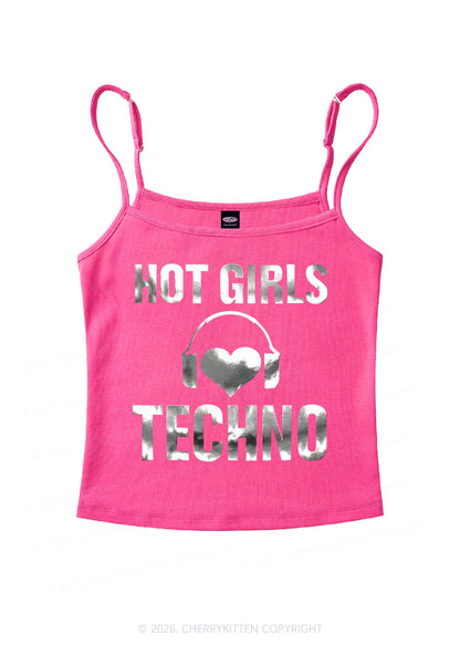 Hot Girls Love Techno Silver Foil Printed Y2K Spaghetti Strap Cami Cherrykitten
