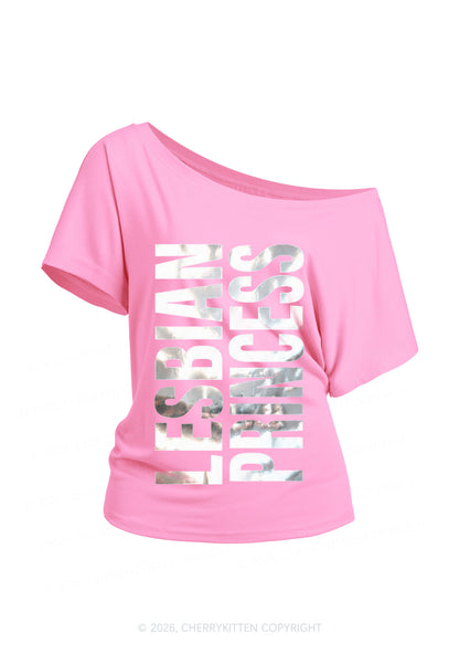 Lesbian Princess Pride Silver Foil Printed Y2K Off Shoulder Tee Cherrykitten