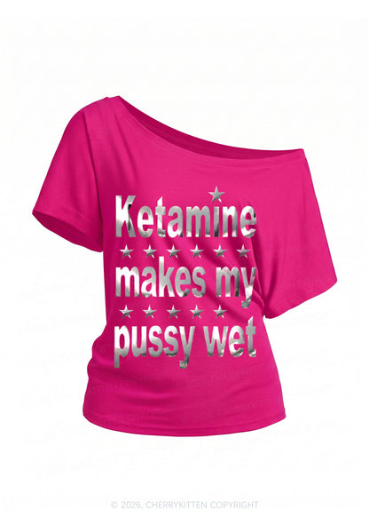 K Makes My Puxxy Wet Silver Foil Printed Y2K Off Shoulder Tee Cherrykitten