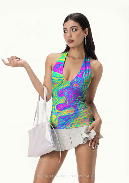 Rainbow Fluid Swirl Y2K Print Halter Deep V Neck Cami Cherrykitten