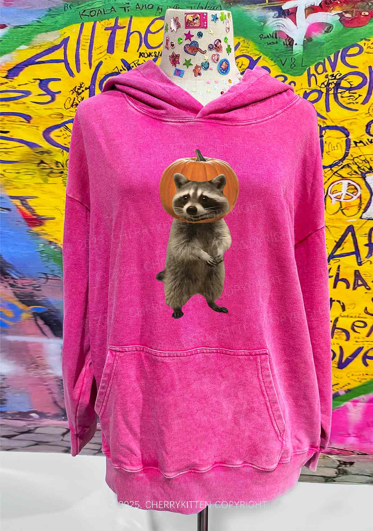 Halloween Silly Raccoon Y2K Washed Hoodie Cherrykitten