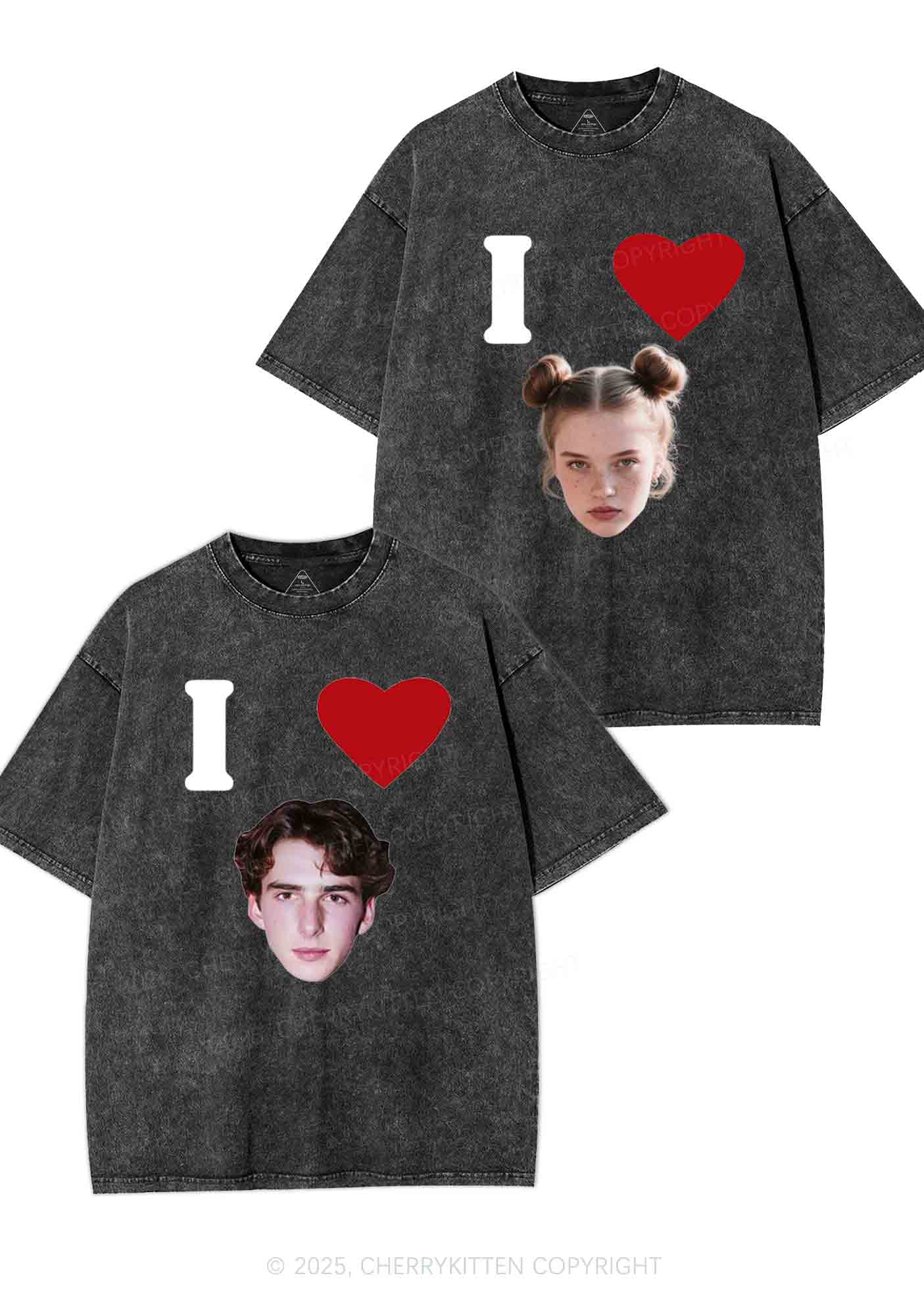 I Love Custom Portrait Y2K Valentine's Day Washed Tee Cherrykitten