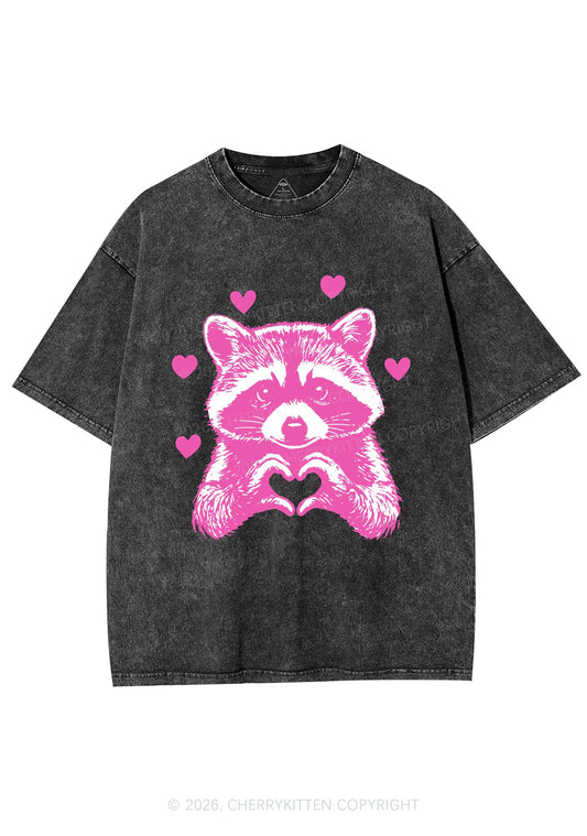 Pink Raccoon Heart Valentine's Day Y2K Shirts Washed Tee Cherrykitten