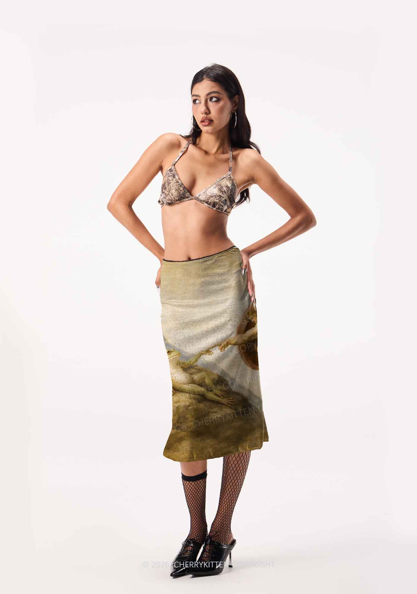 God Hand Touching Frog Y2K Print Midi Skirt Cherrykitten