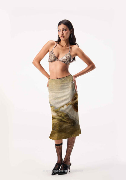 God Hand Touching Frog Y2K Print Midi Skirt Cherrykitten