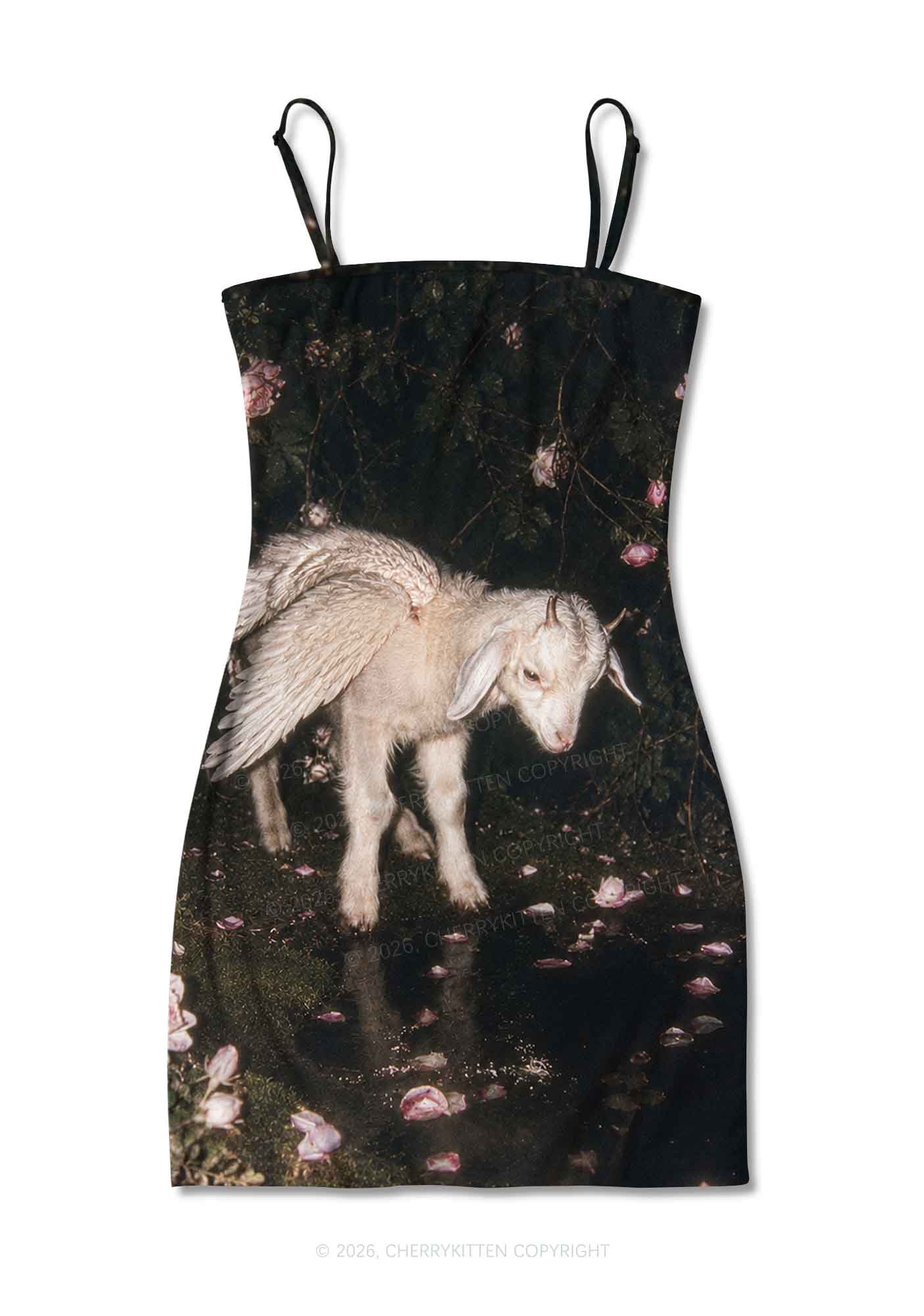 Winged Baby Goat Y2K Print Slip Dress Cherrykitten