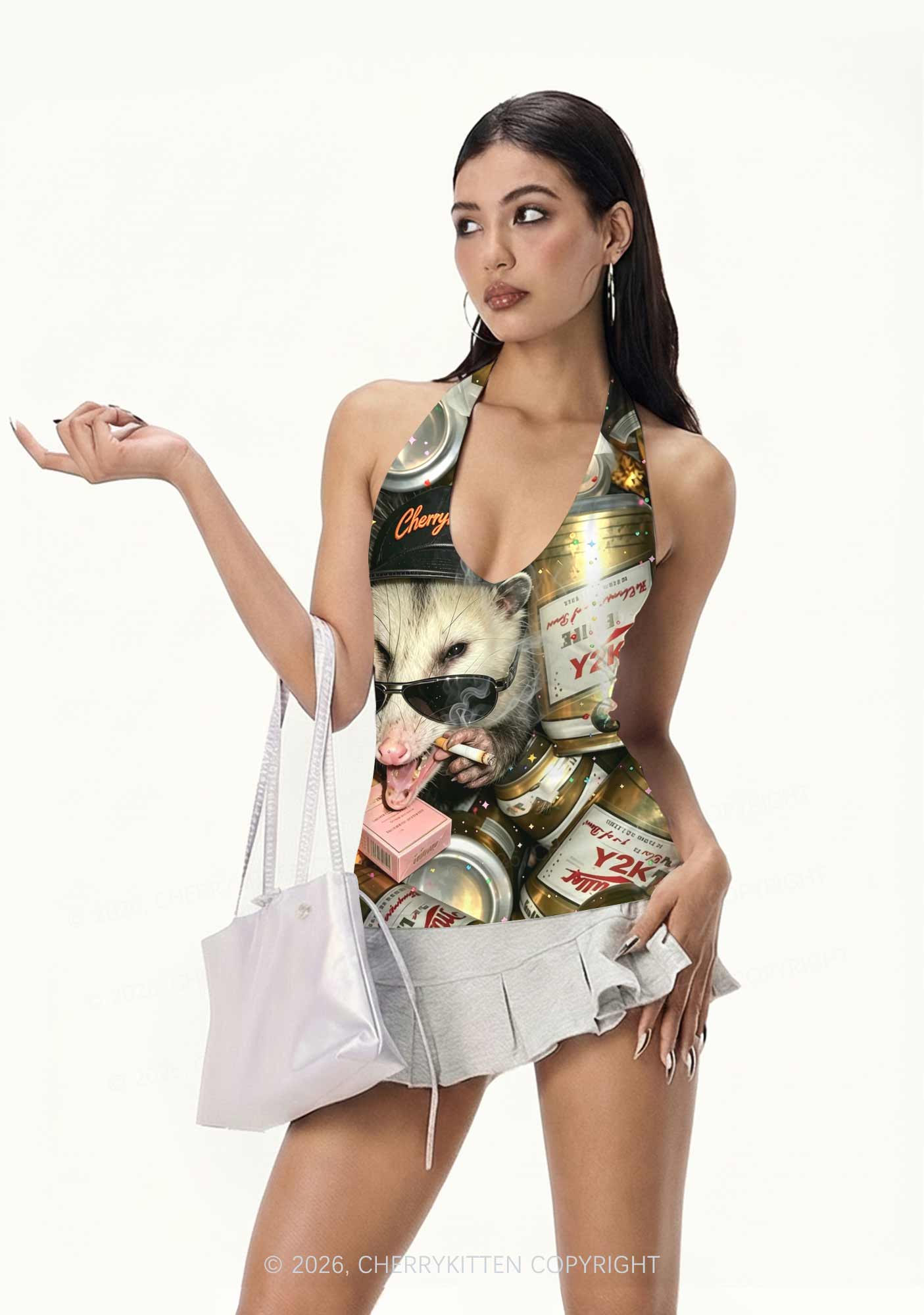Smoking Opossum Y2K Print Halter Deep V Neck Cami Cherrykitten