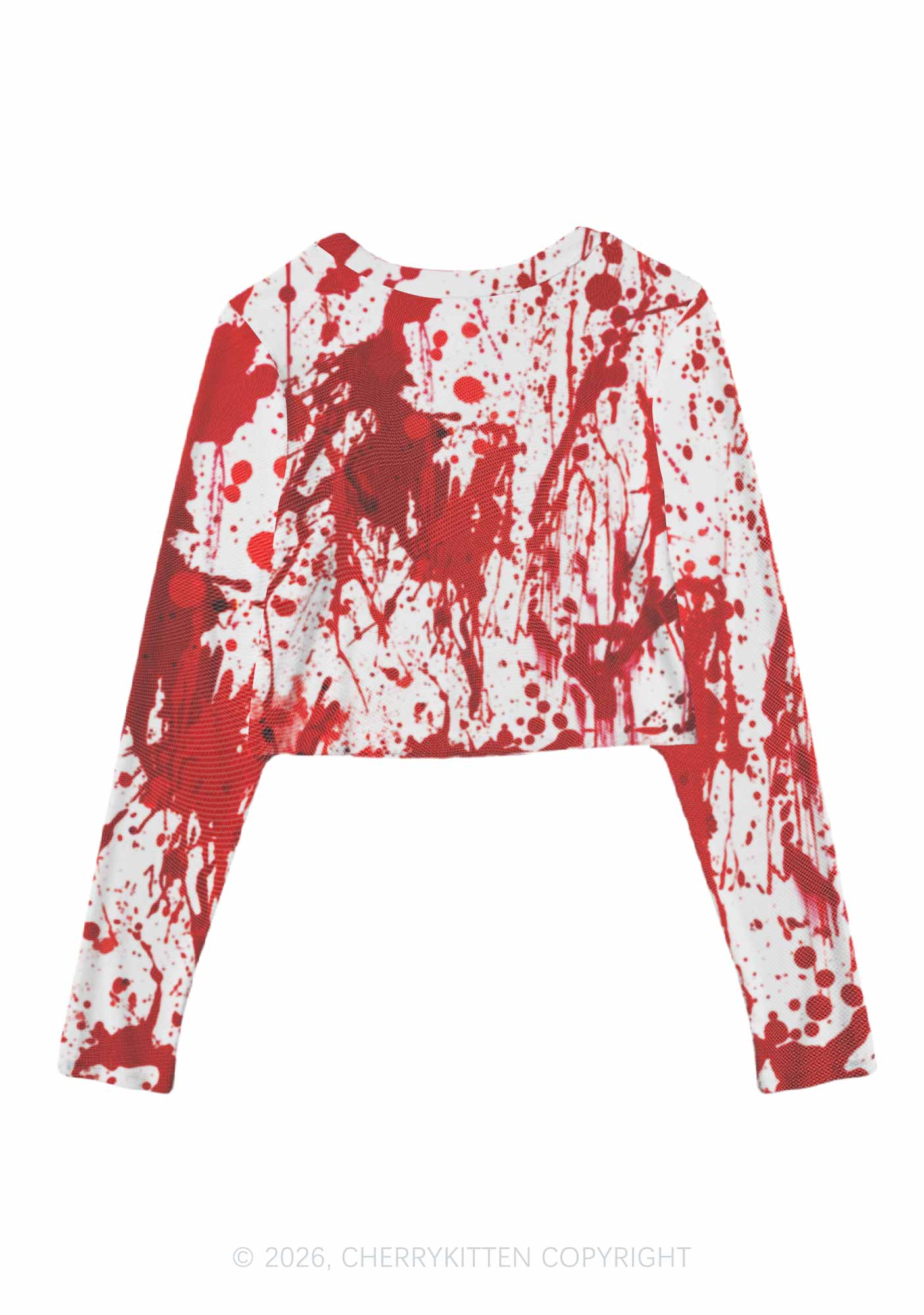 Halloween Red Blood On White Y2K Mesh Long Sleeve Crop Top Cherrykitten
