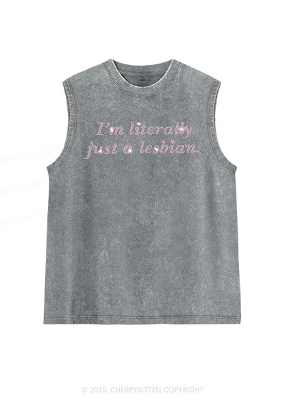Rhinestone Literally Just A Lesbian Pride Y2K Washed Muscle Tank Cherrykitten