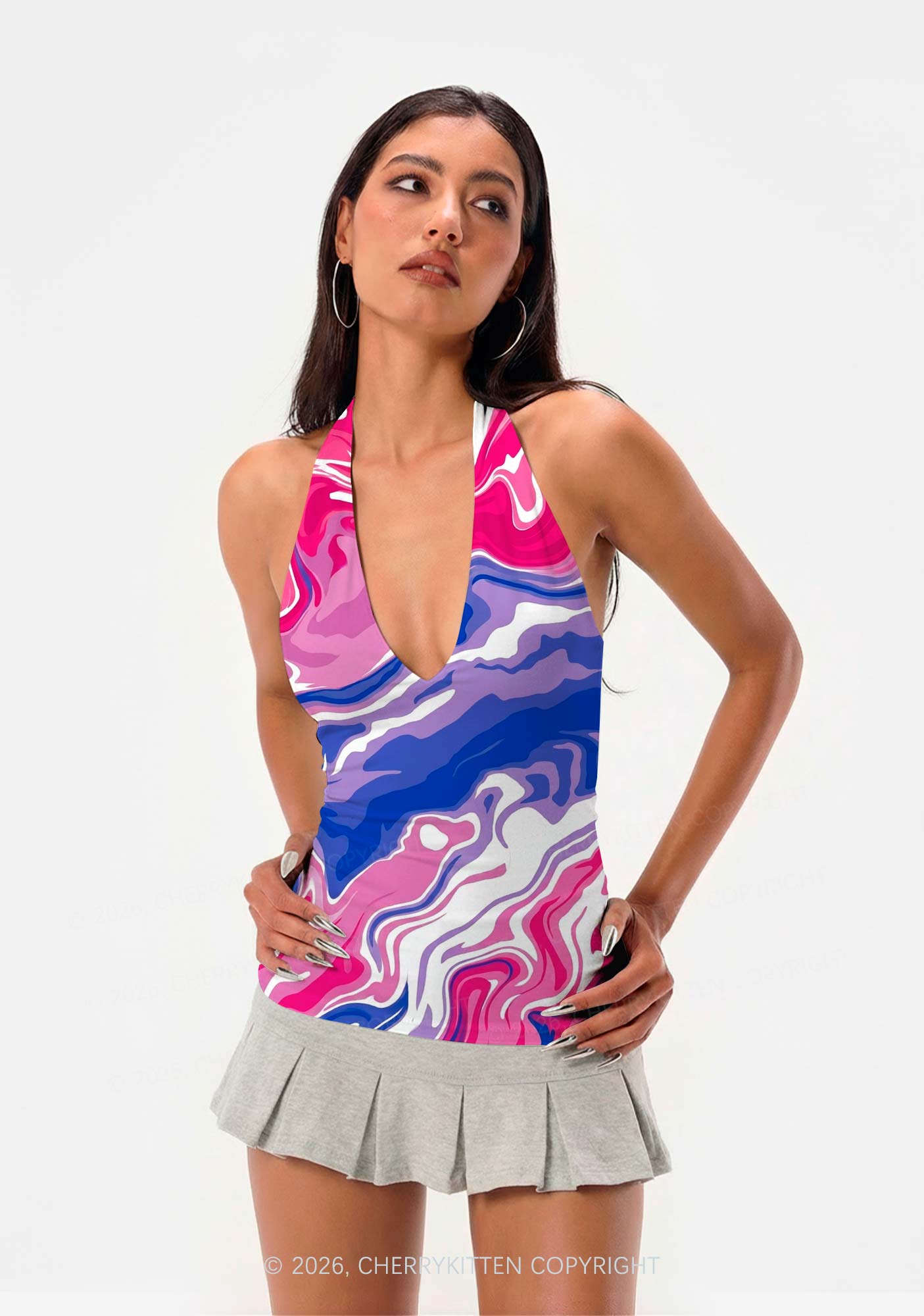 Bisexual Liquid Tie Dye Pride Y2K Print Halter Deep V Neck Cami Cherrykitten