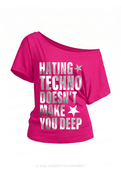Hating Techno Silver Foil Printed Y2K Off Shoulder Tee Cherrykitten
