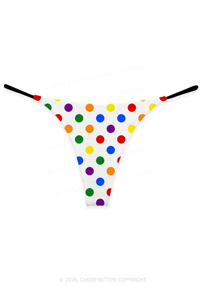 Rainbow Dots On White Pride Y2K Print Bikini String Thong Cherrykitten