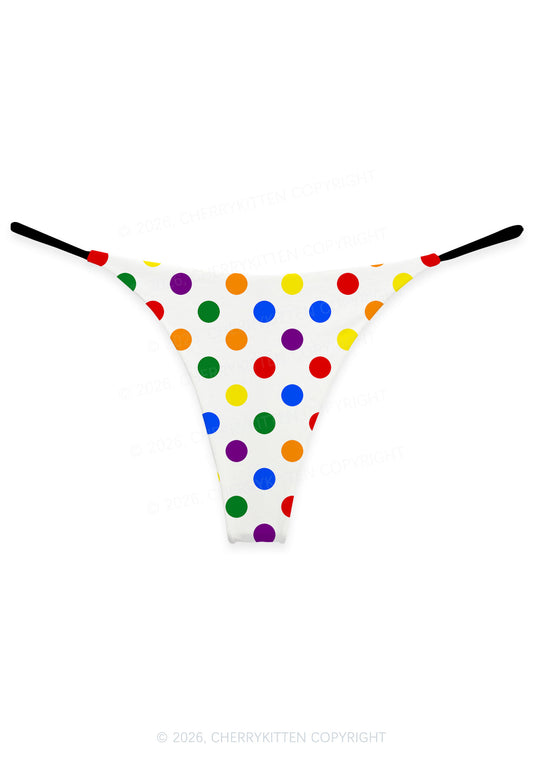 Rainbow Dots On White Pride Y2K Print Bikini String Thong Cherrykitten