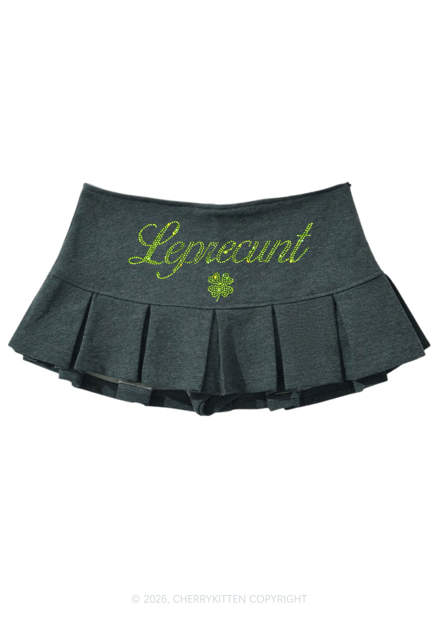 Rhinestone Leprecunt St Patricks Y2K Mini Pleated Skirts Cherrykitten