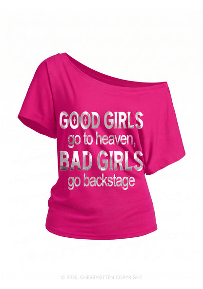 Bad Girls Go Backstage Silver Foil Printed Y2K Off Shoulder Tee Cherrykitten