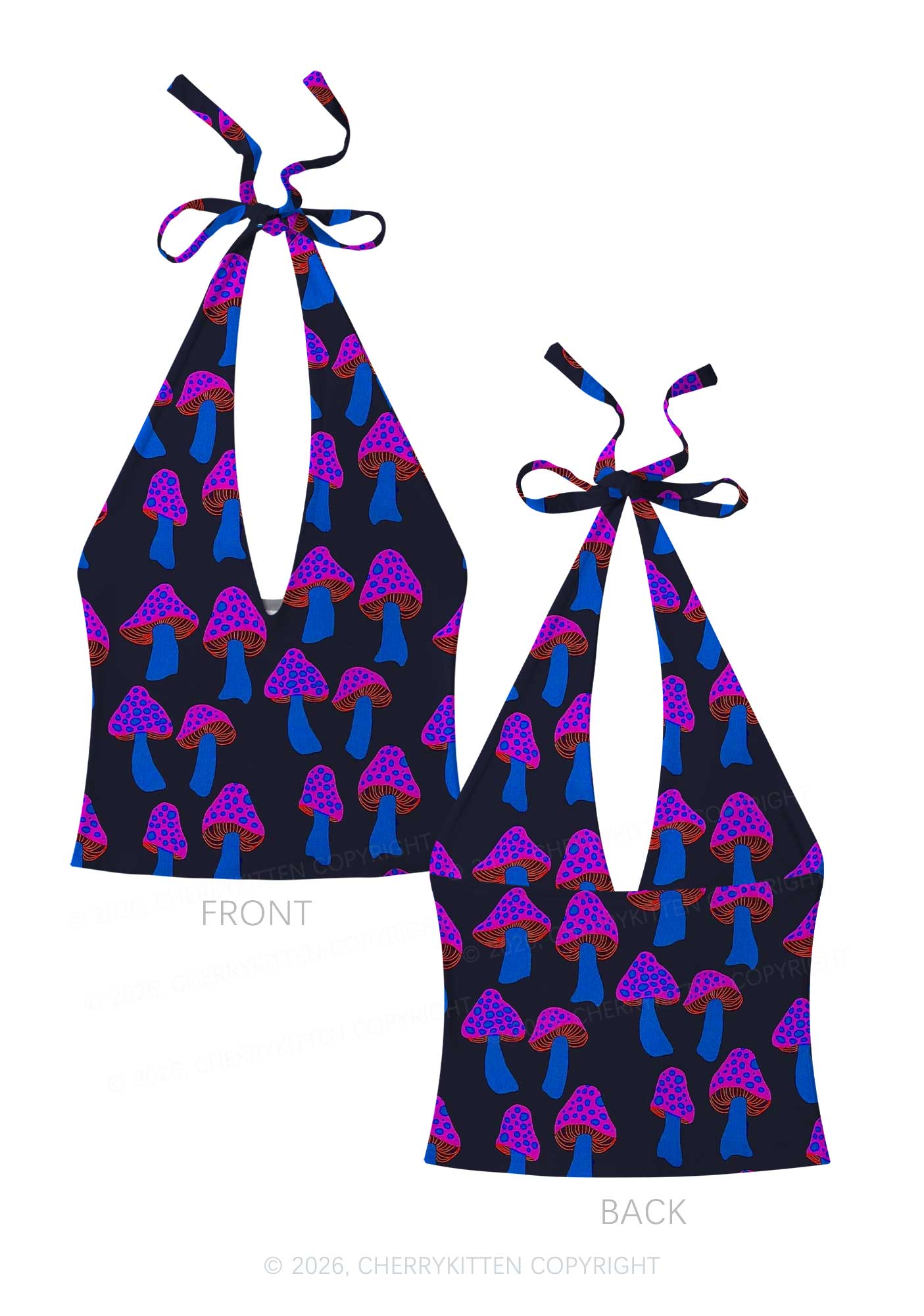 Blue Mushroom Y2K Print Halter Deep V Neck Cami Cherrykitten