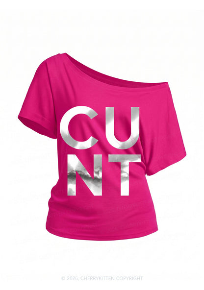 Cxxt Silver Foil Printed Y2K Off Shoulder Tee Cherrykitten