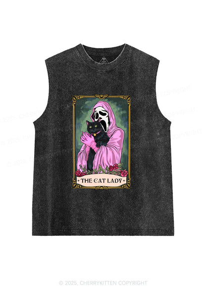 Halloween The Skull Cat Lady Y2K Washed Muscle Tank Cherrykitten