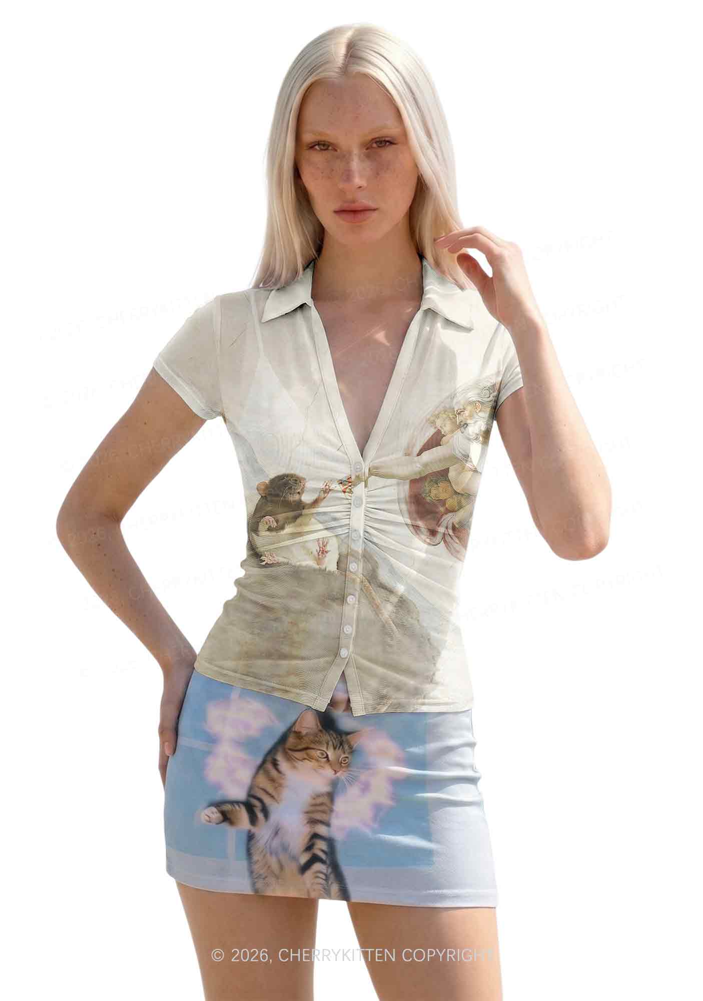 God And Rat Y2K Mesh Ruched? Waist??V Neck?Top Cherrykitten