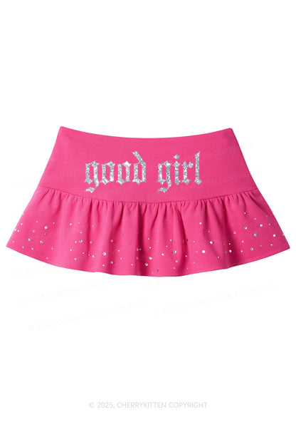 Glitter Good Girl Y2K Pink Ruffled Rhinestone Mini Skirt Cherrykitten