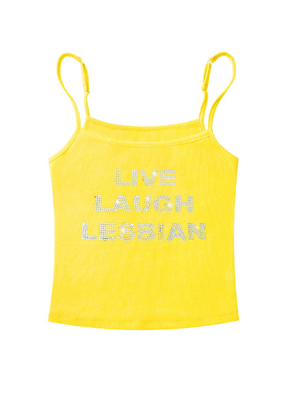 Rhinestone Live Laugh Lesbian Pride Y2K Spaghetti Strap Cami Cherrykitten