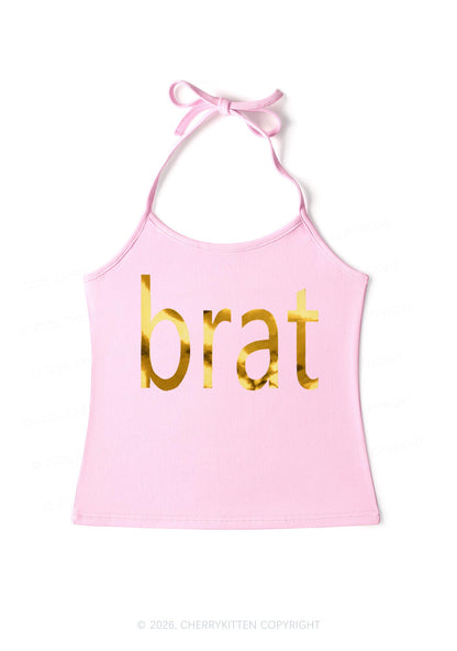 Brat Silver Foil Printed Y2K Halter Neck Cami Cherrykitten