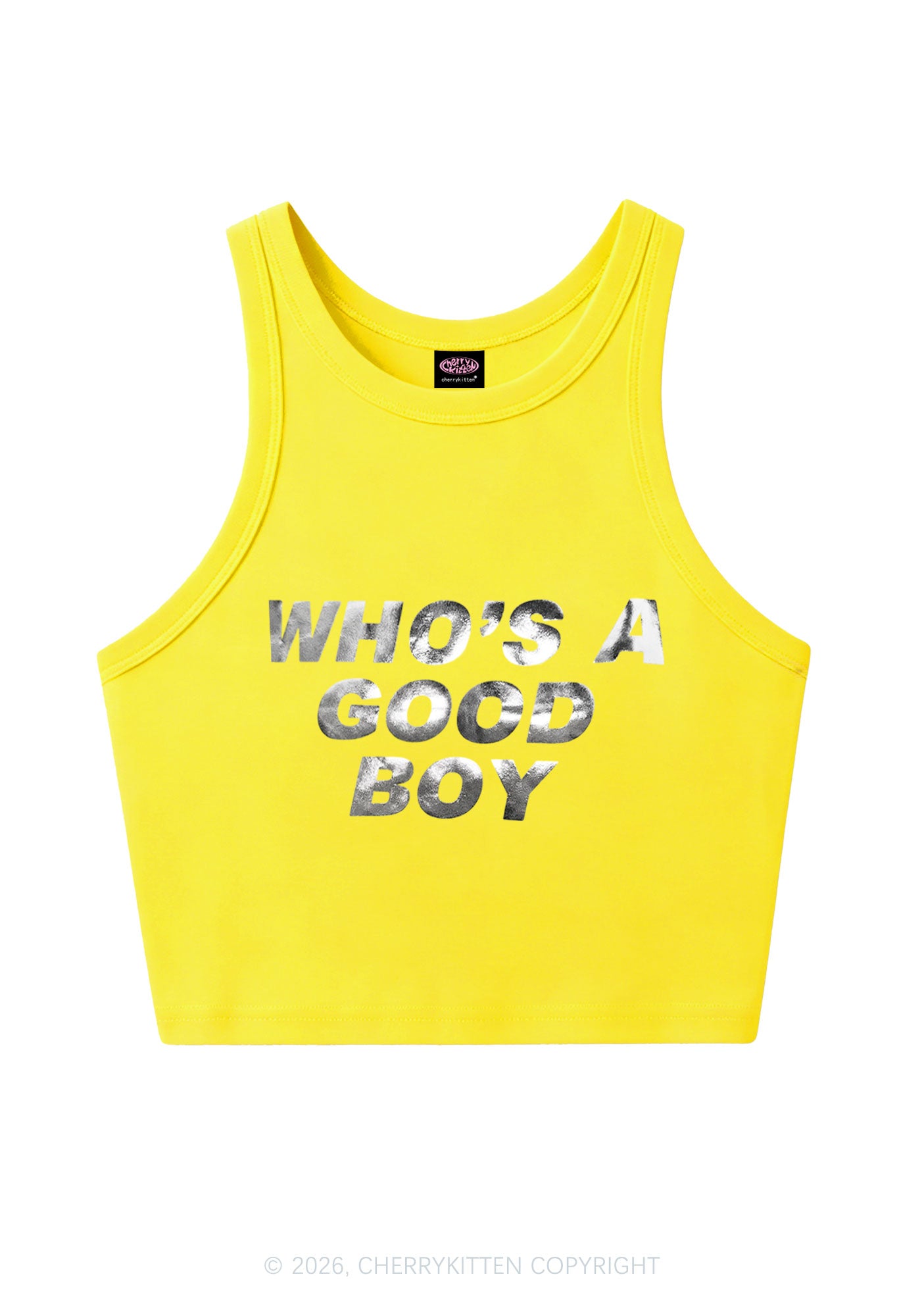 Whos A Good Boy Silver Foil Printed Y2K Crop Tank Top Cherrykitten