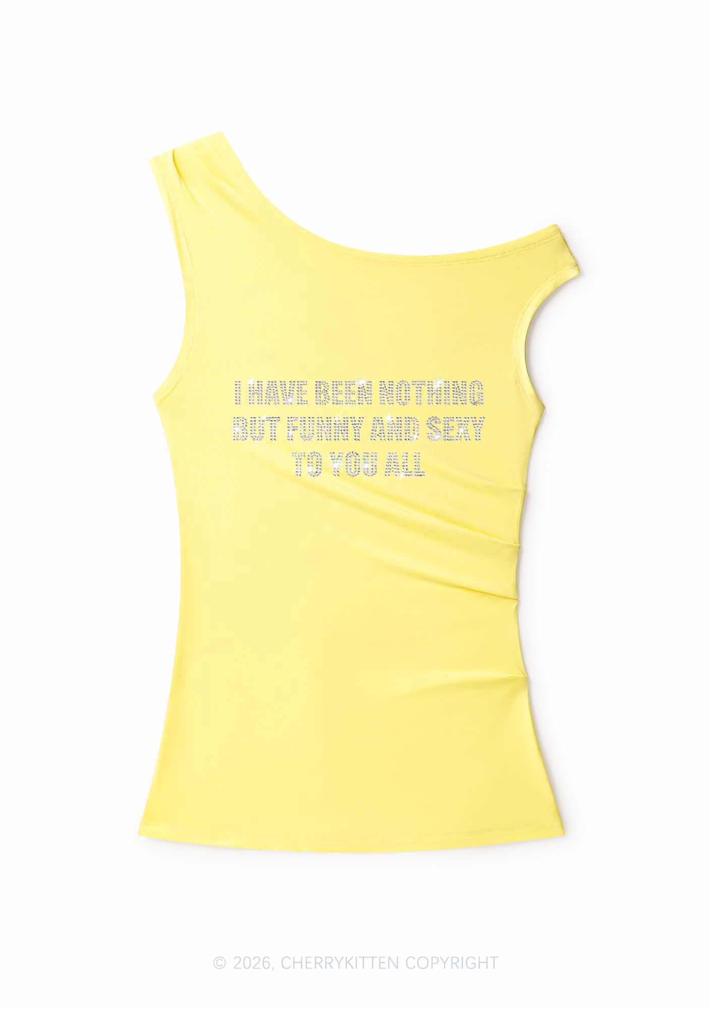 Rhinestone I Have Been Funny Y2K Off Shoulder Tank Top Cherrykitten