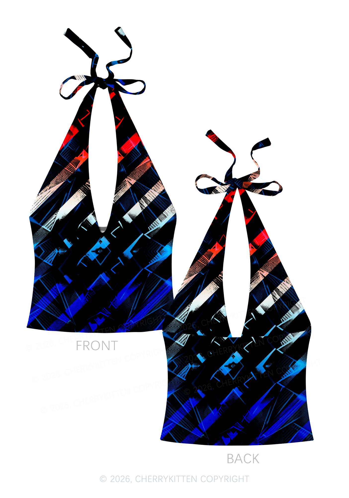 Red Blue Gradient Diagonal Stripe Y2K Print Halter Deep V Neck Cami Cherrykitten