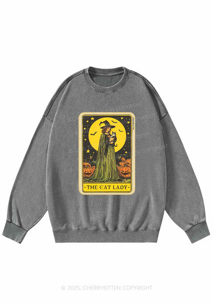 Halloween The Witch Cat Lady Y2K Washed Sweatshirts Cherrykitten