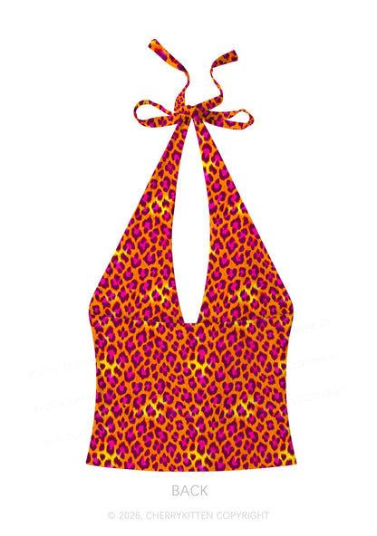 Orange Leopard Y2K Print Halter Deep V Neck Cami Cherrykitten
