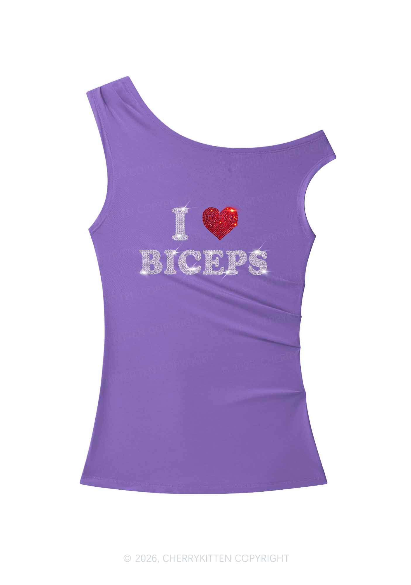 Rhinestone I Love Biceps Y2K Off Shoulder Tank Top Cherrykitten