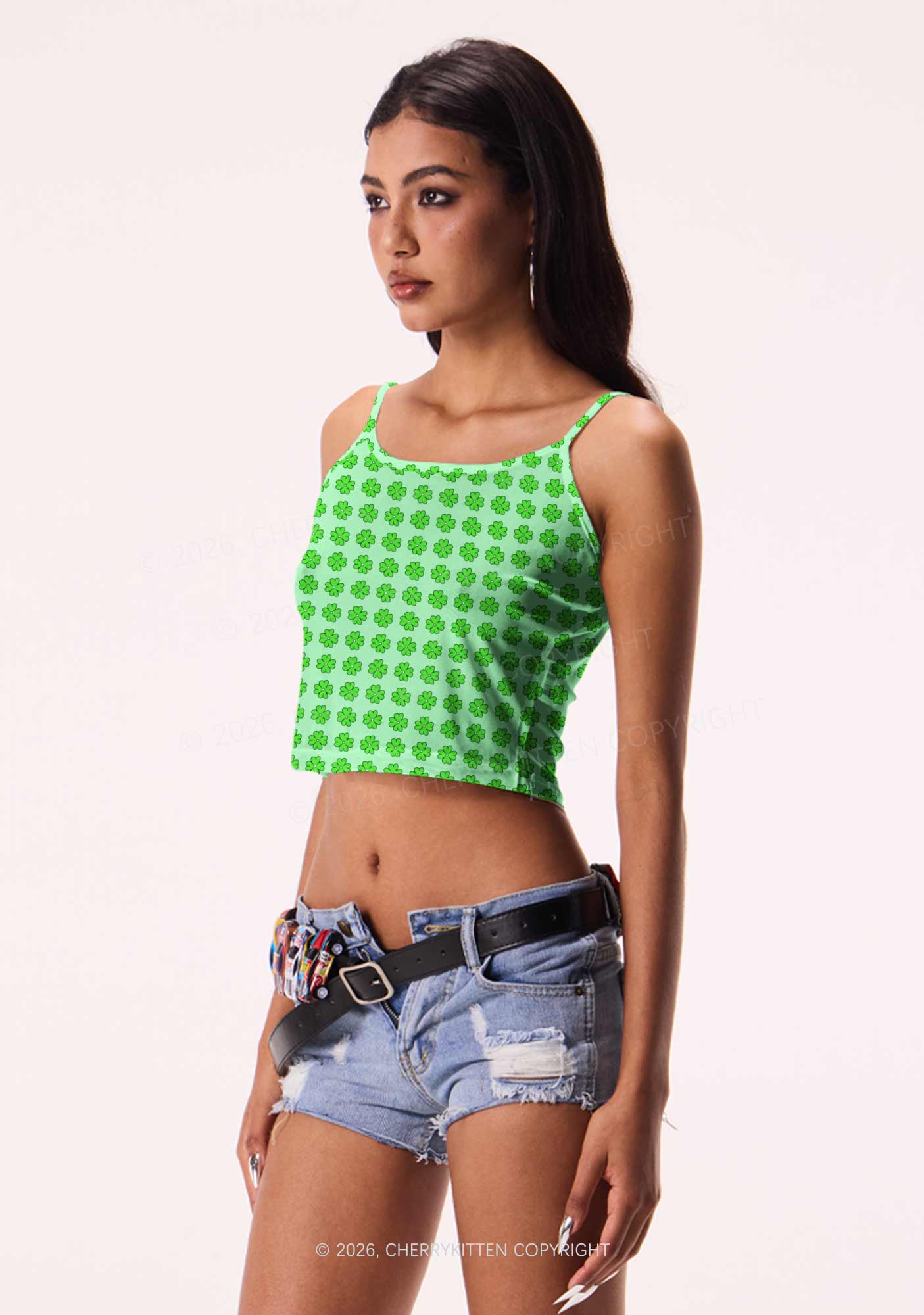 Green Clover Grid St Patricks Y2K Print Cami Crop Top Cherrykitten
